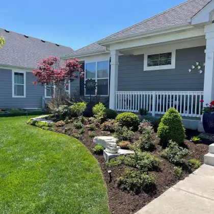 Front yard landscape design in Edmonton featuring a mulched flower bed and red tree.
