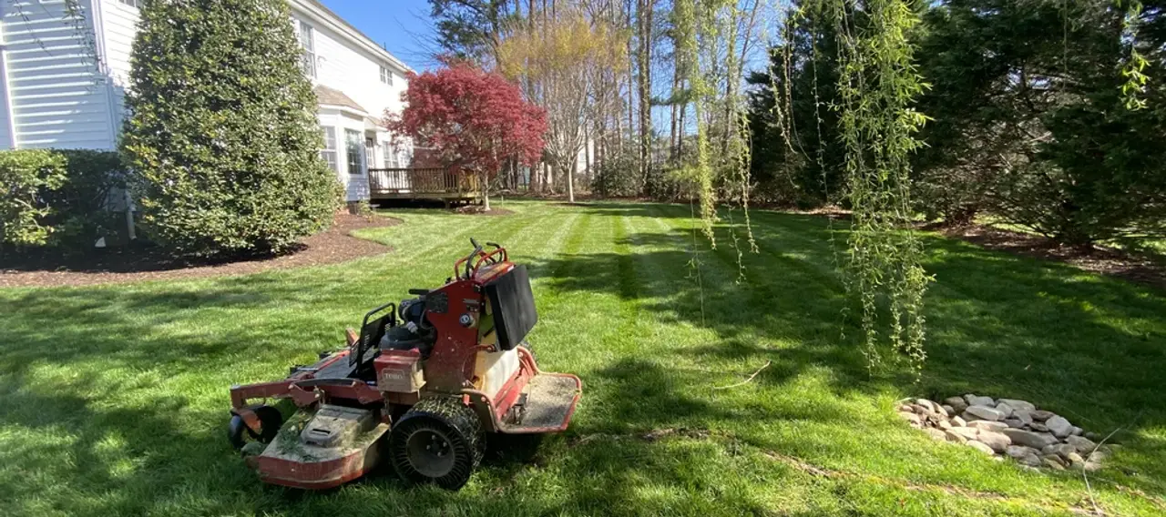 Professional lawn mowing and maintenance service at an Edmonton residential property.